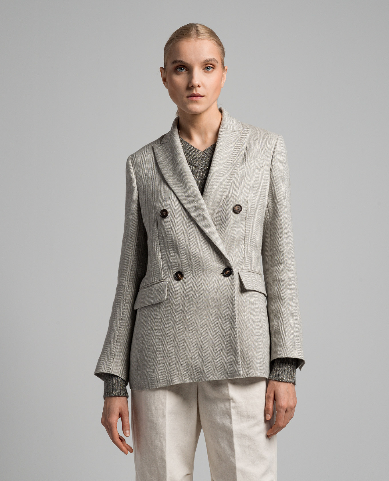 Gray double-breasted linen jacket with monil chain Brunello Cucinelli 3