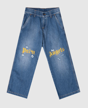 Palm Angels Kids' blue jeans with holes and logo PBYB007F25DEN00112+