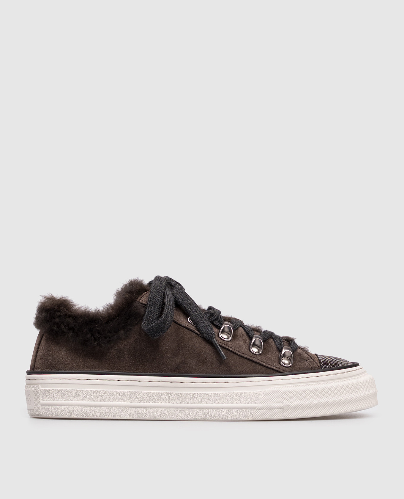 Brown suede sneakers with fur and monil chain Brunello Cucinelli