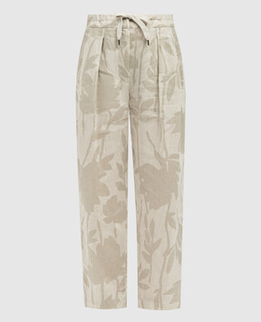 Brunello Cucinelli Beige linen pants in plant print MB650P8597