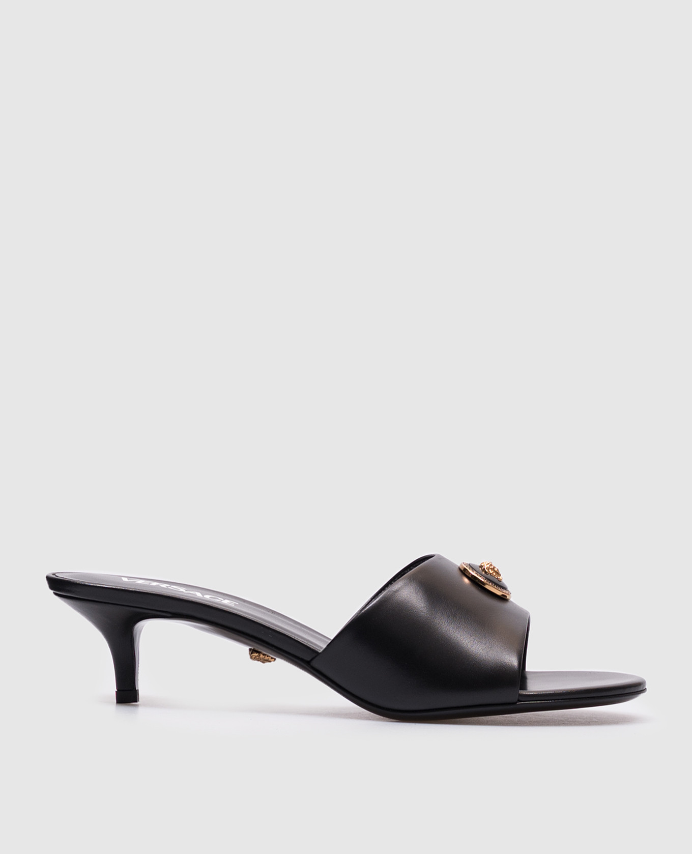 

Black leather mules with logo emblem Versace