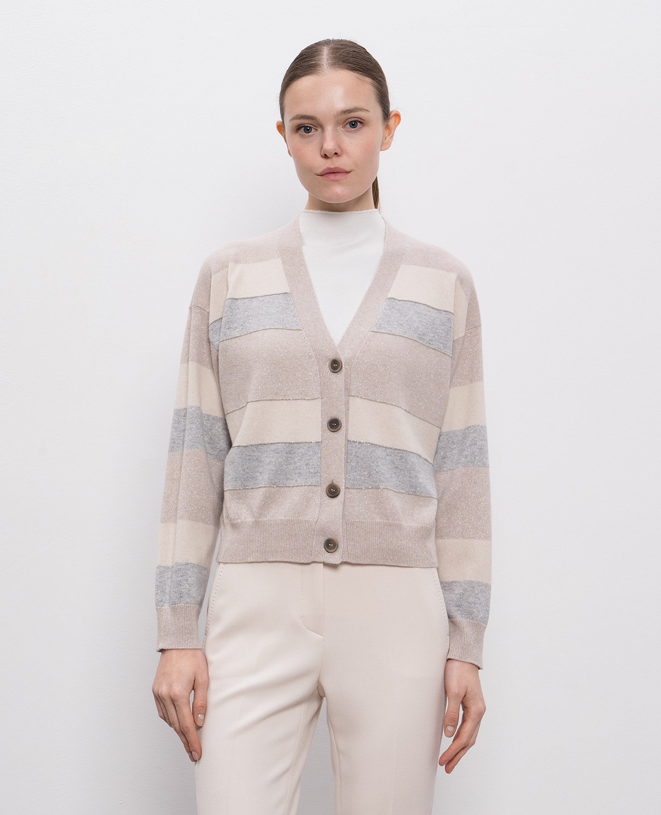 

Beige striped wool, silk and cashmere cardigan Peserico