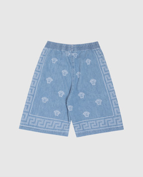 Versace Children's blue denim Bermuda shorts with Medusa Bandana print 10182661A13070