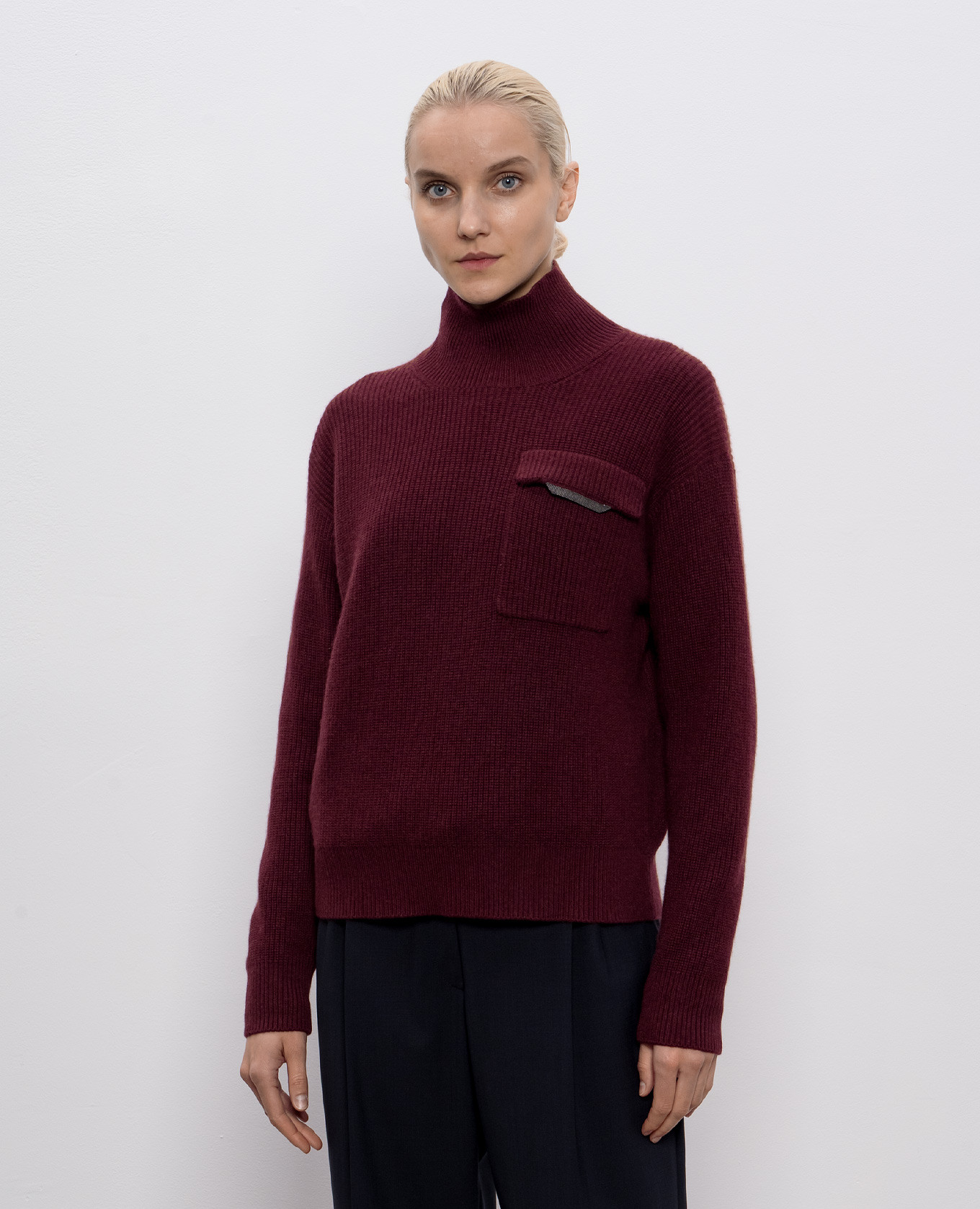 

Burgundy cashmere sweater with monil chain Brunello Cucinelli