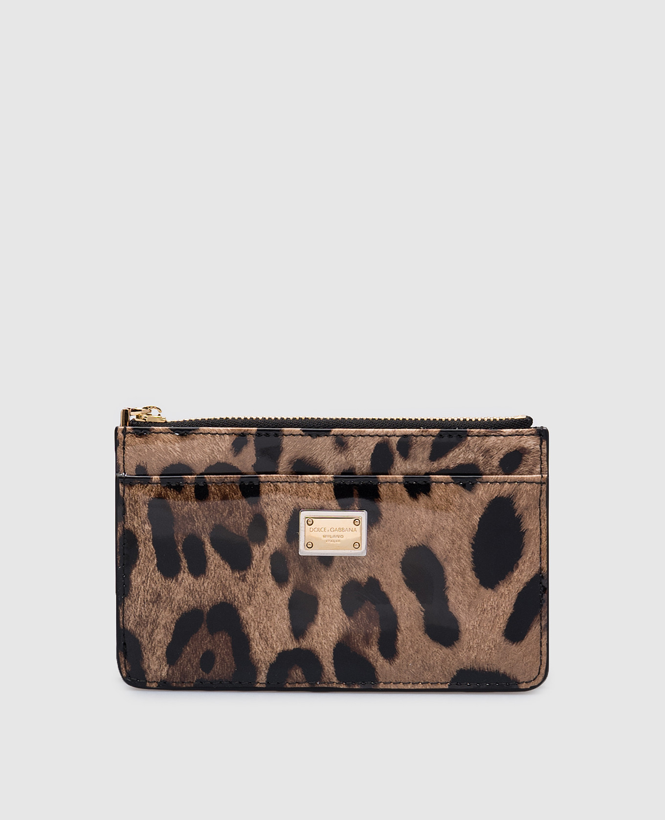 

Brown leather glossy card holder in animal print with logo Dolce&Gabbana
