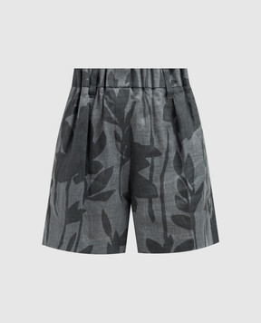 Brunello Cucinelli Gray linen shorts in plant print MB650P8566