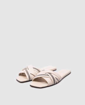 Brunello Cucinelli Beige leather flip flops with monil chain MZSKC2636