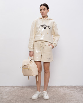 Twinset Beige sequined hoodie with logo 251LL2SAA