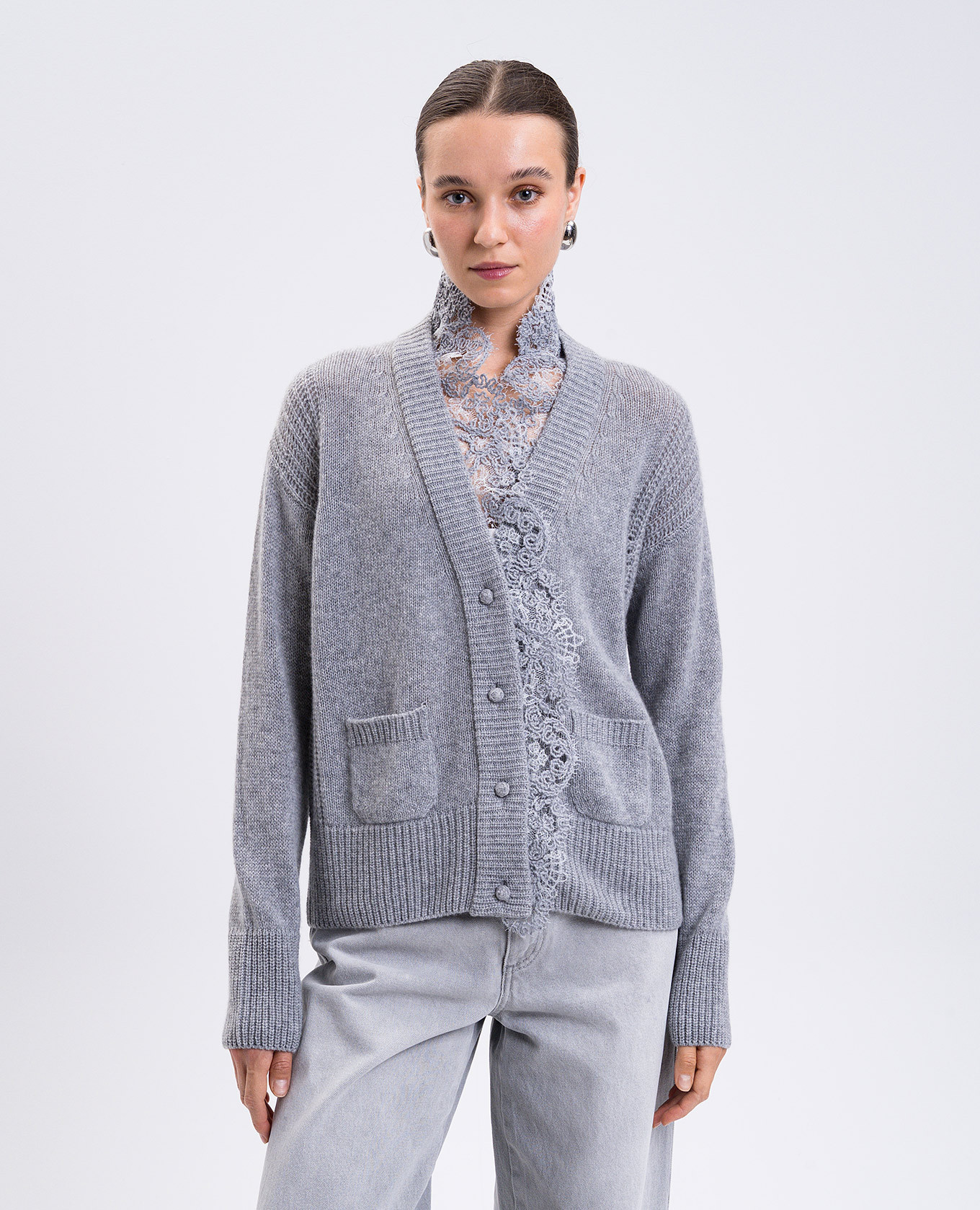 

Gray cashmere cardigan with lace Ermanno Scervino, Silver