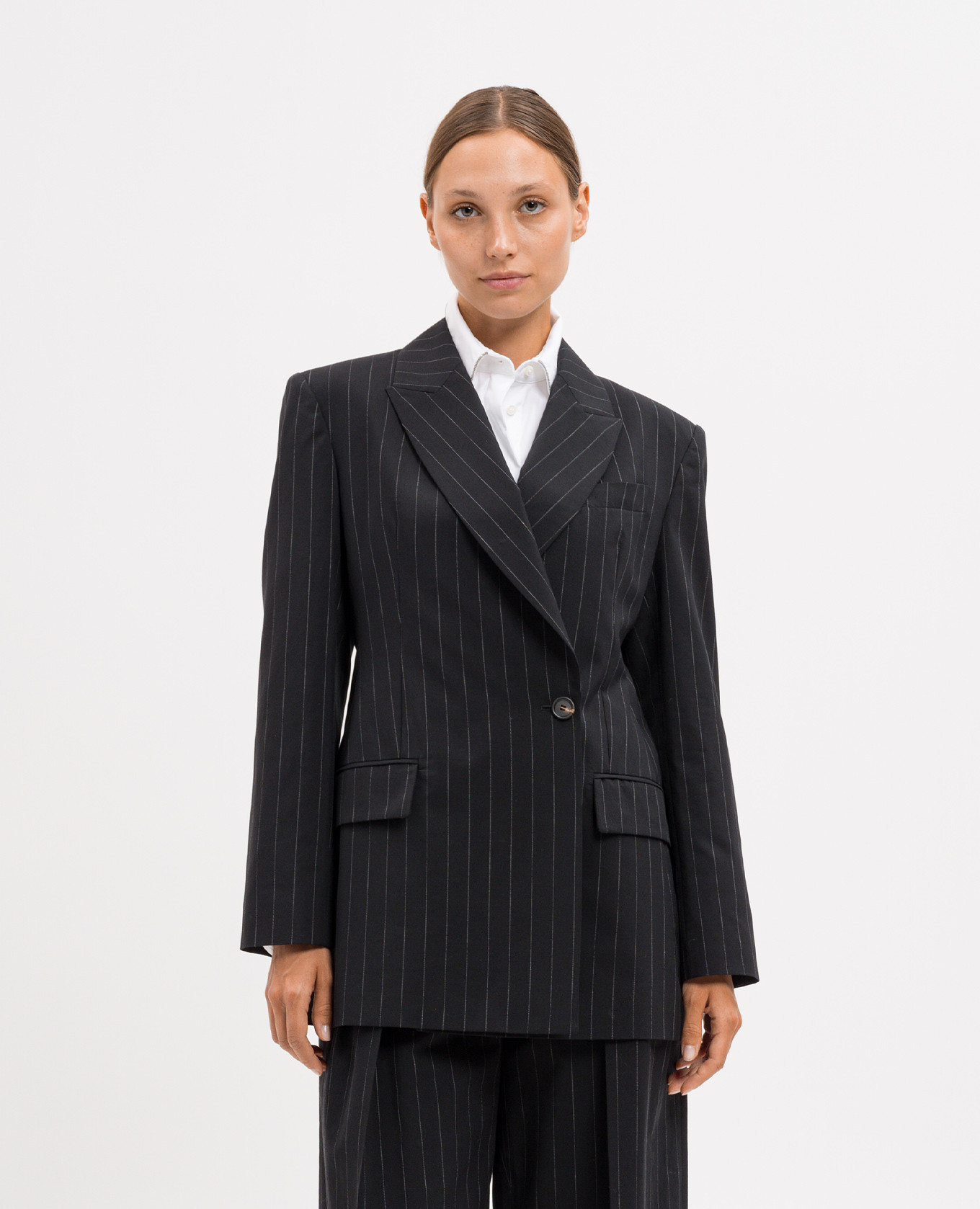 Black double-breasted jacket with striped wool and monil chain Brunello Cucinelli 3