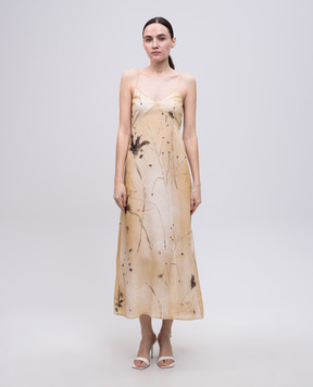 Peserico Yellow dress with a floral print sash E02479D04764