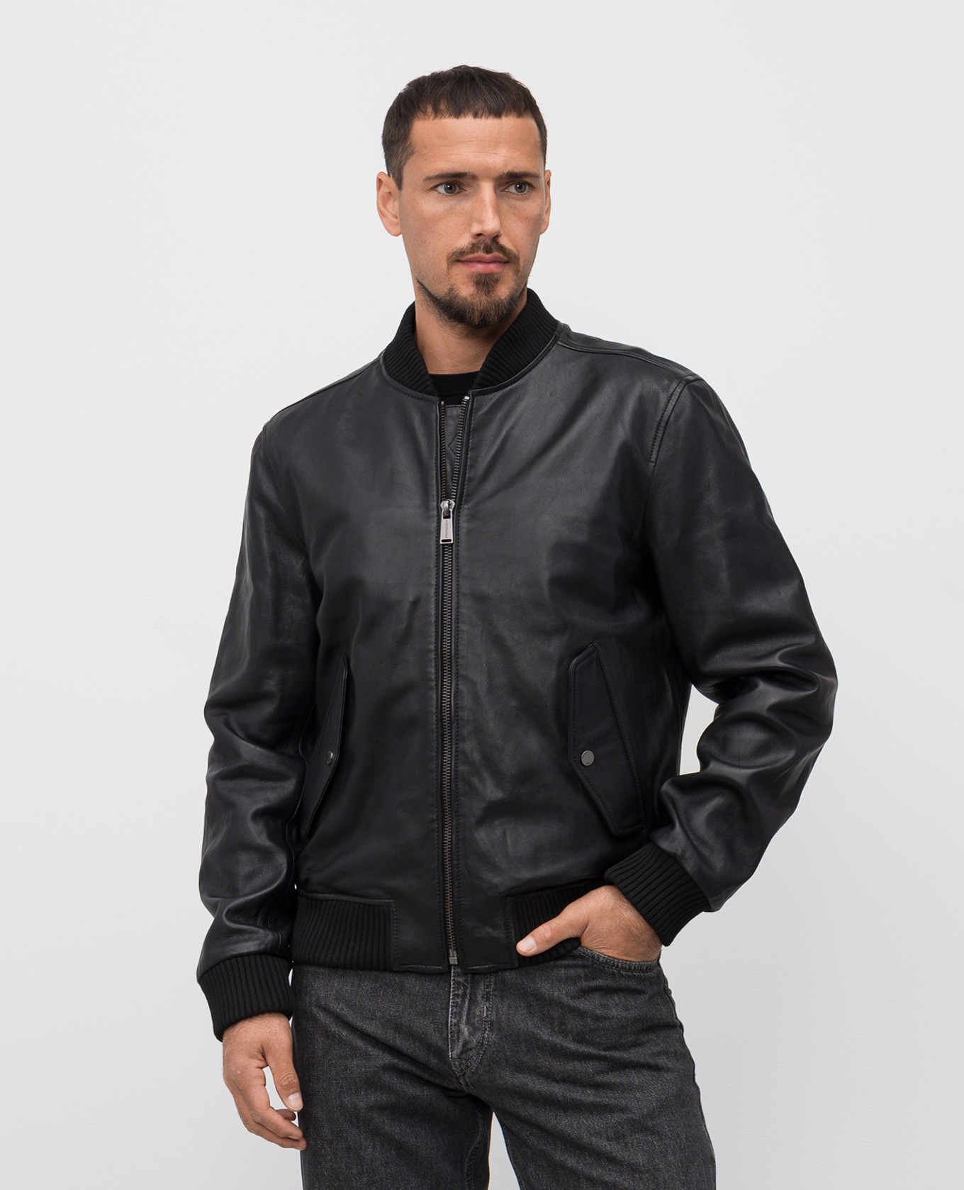 

Black leather bomber jacket with logo Trussardi