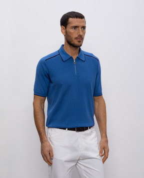 Stefano Ricci Blue silk polo shirt with monogram logo pattern K616402P31F25109