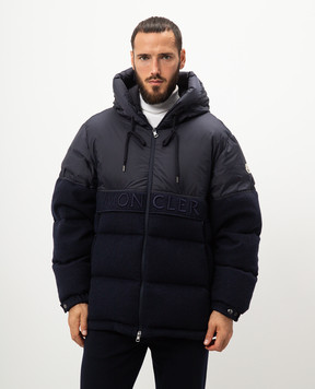 Moncler Blue wool blend down jacket with logo embroidery J20911A00146M5113