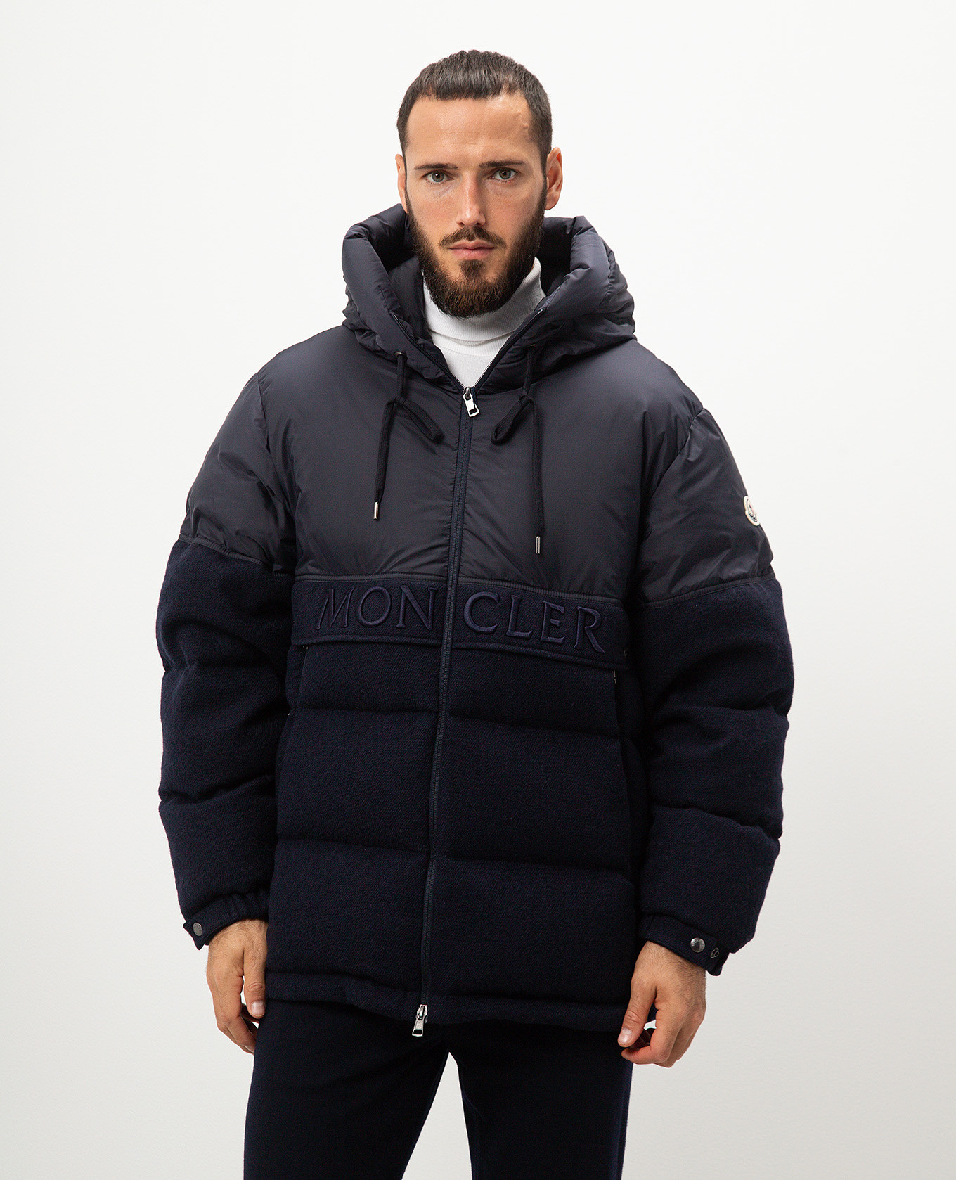 

Blue wool blend down jacket with logo embroidery Moncler
