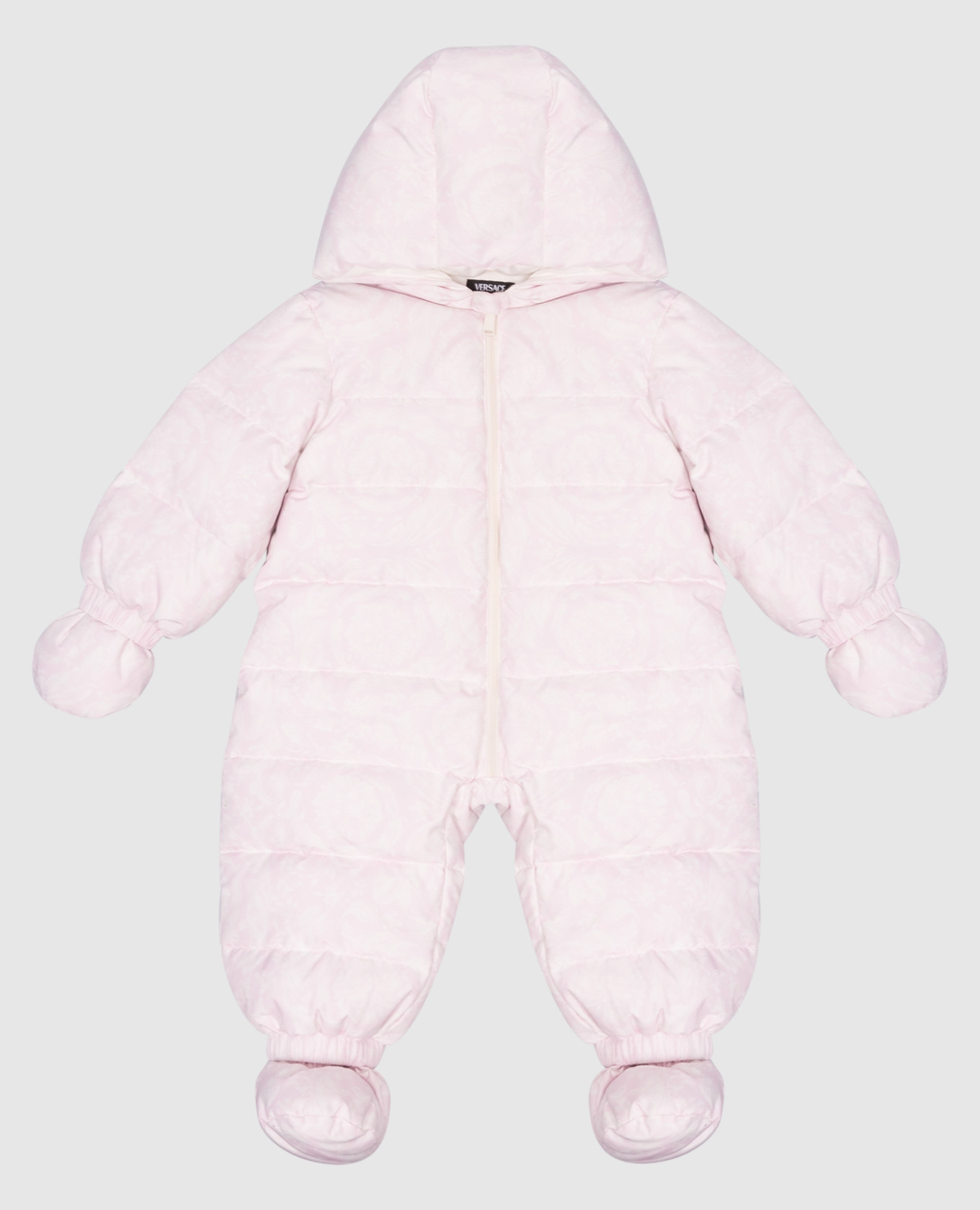 Children's pink down jumpsuit with barocco print versace