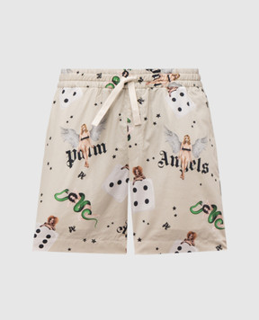Palm Angels Beige shorts with a Pin up print PMCB034S25FAB003