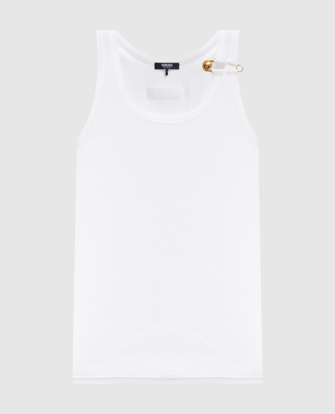 

White ribbed top with branded pin Versace