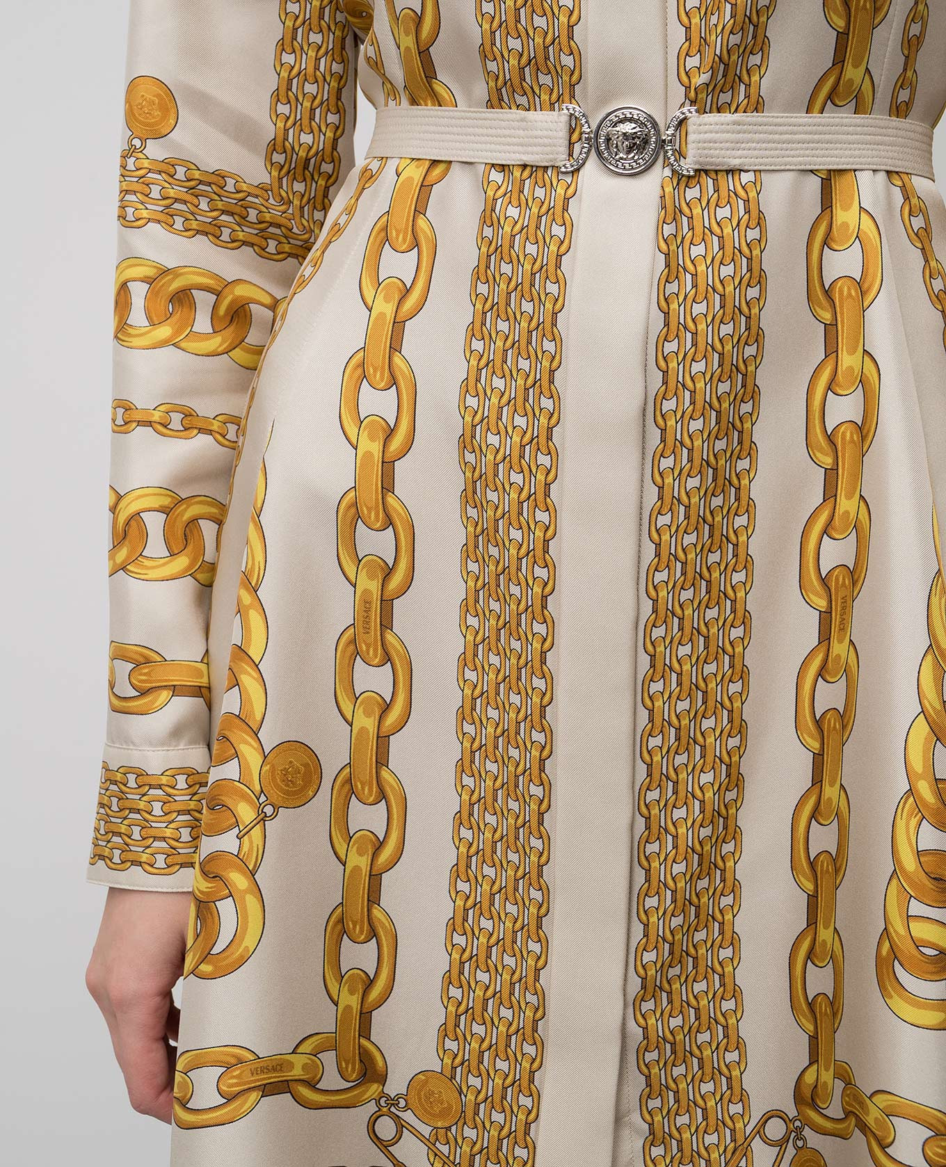 

Beige printed silk shirt dress Versace