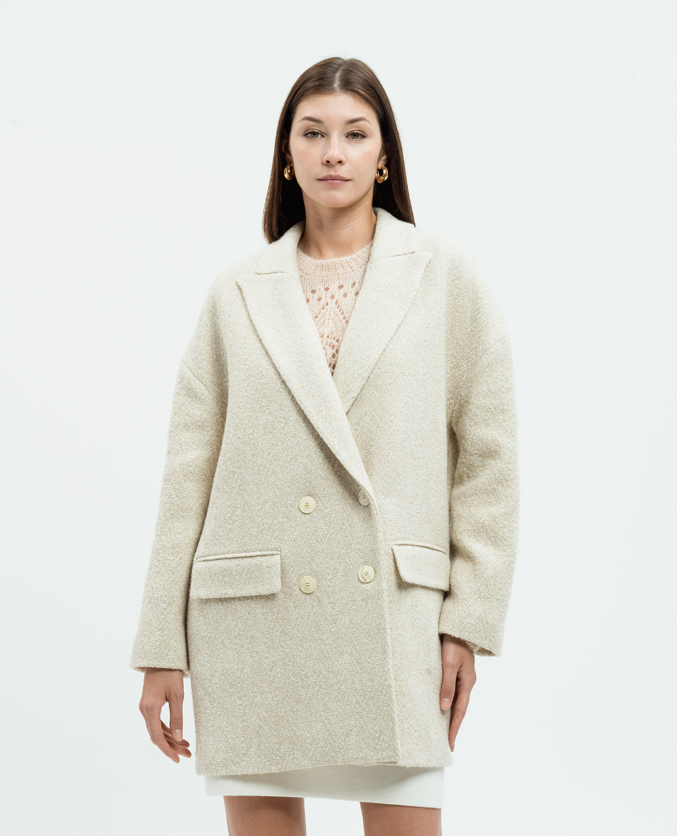 

Beige double-breasted coat with wool and lurex Twinset