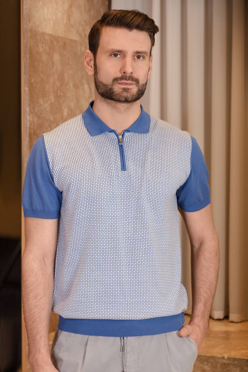 

Blue polo shirt with patterned silk Enrico Mandelli, Light blue