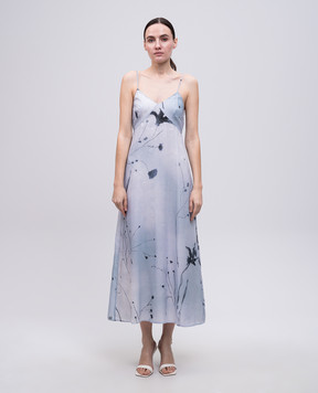 Peserico Blue dress with floral print sash E02479D04764