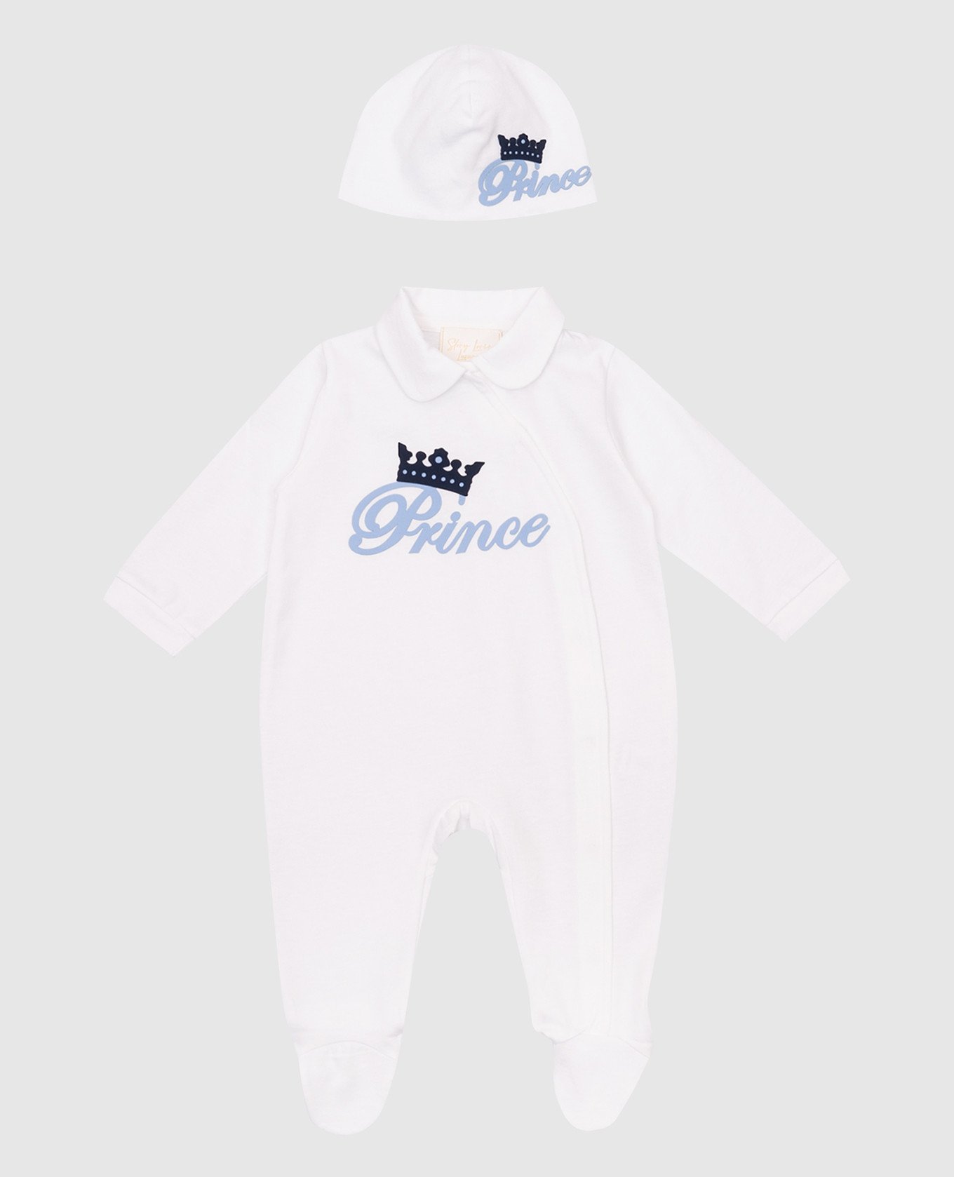 

Children's white set of overalls, hat and envelope with applique Story Loris