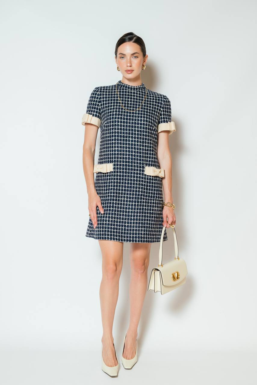

Blue tweed dress with checked wool Valentino