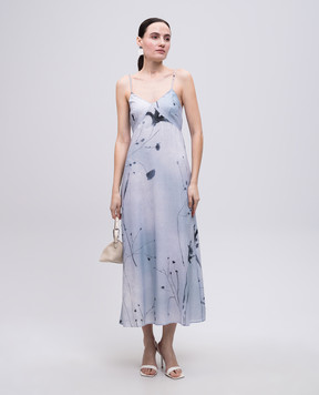 Peserico Blue dress with floral print sash E02479D04764