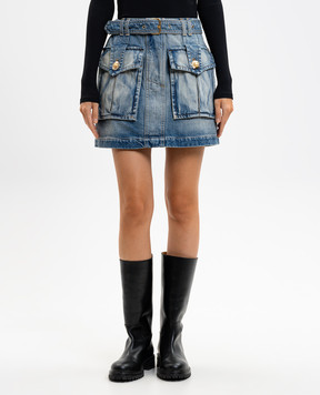 Balmain Blue denim mini skirt with a frayed effect FF1LBA88DF79