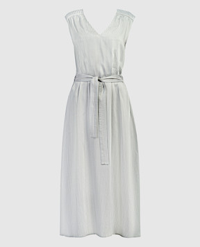 Peserico Green linen striped dress with monil chain S0220801176