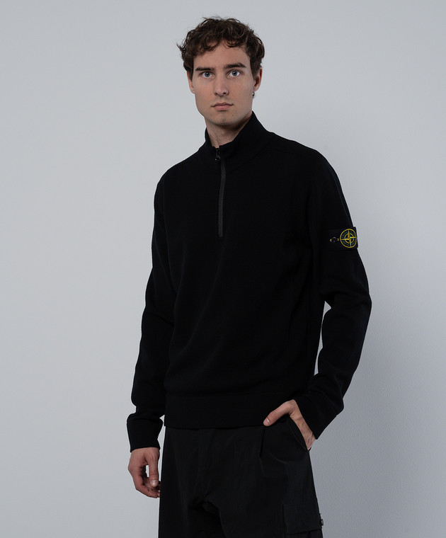 Stone Island - Black wool sweater with logo patch 8115521A1 - shop