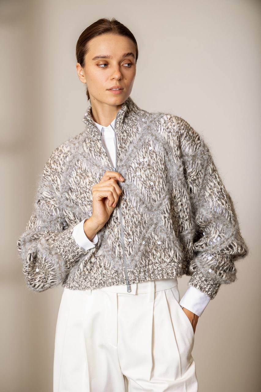 Beige openwork alpaca wool cardigan with sequins Brunello Cucinelli 6