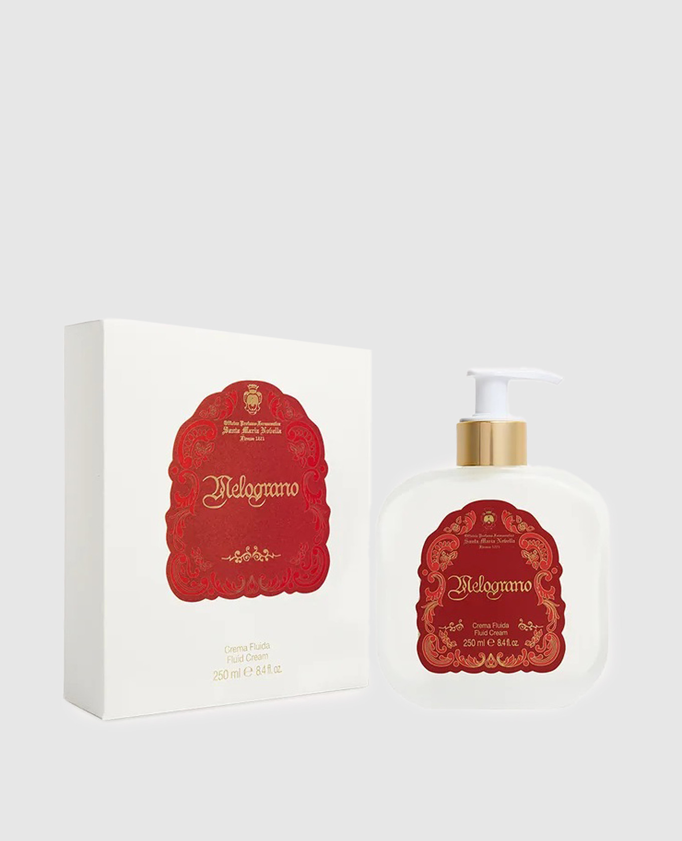 Women's cream-fluid for the body melograno in a glass container with a dispenser of 250 ml santa maria novella
