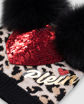 Philipp Plein Children's black merino wool hat with animalistic pattern GAC0005
