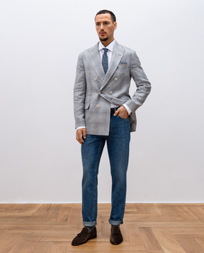Brunello Cucinelli Gray double-breasted checked linen, wool and silk jacket MR4877BPD