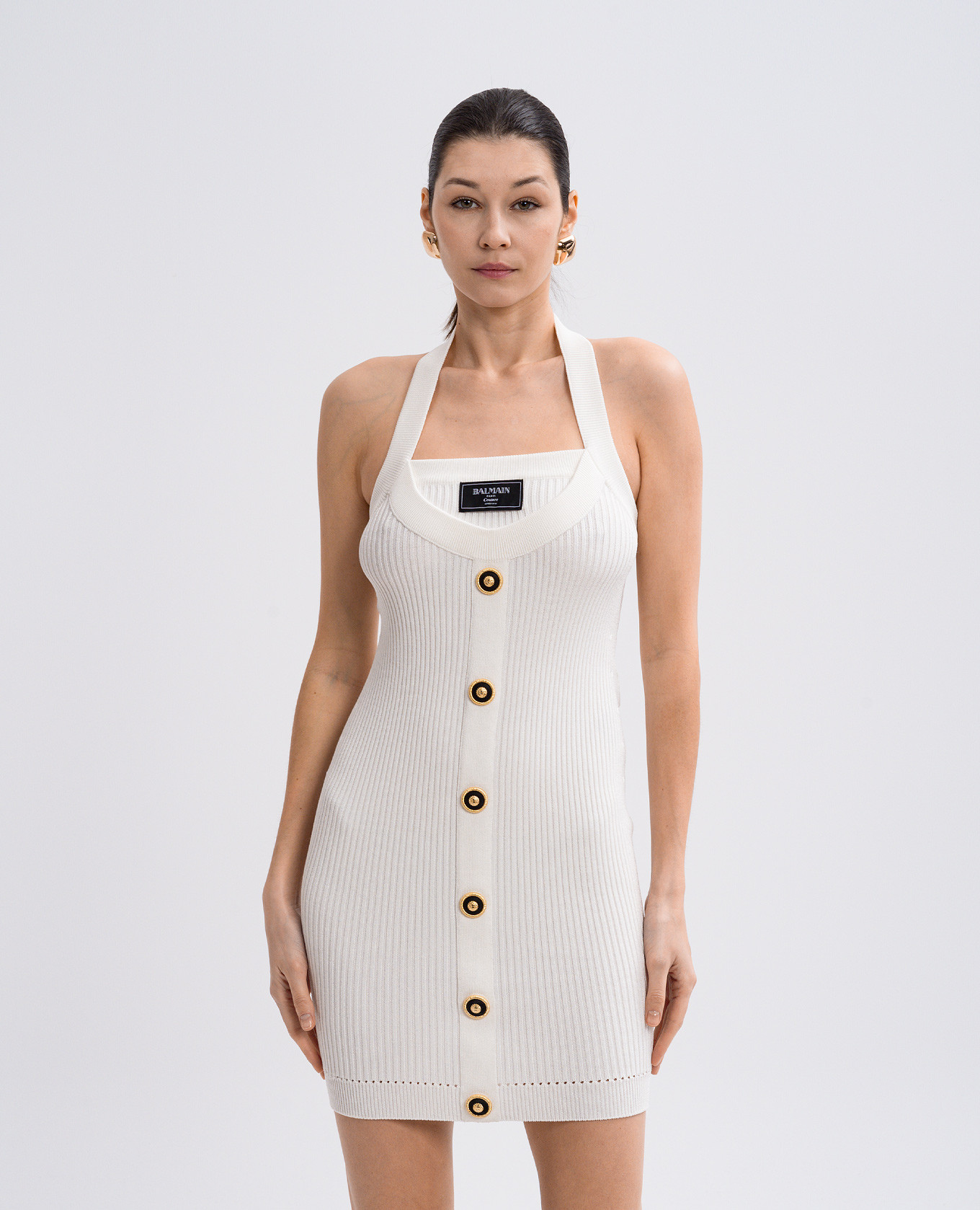 

White ribbed mini dress with logo patch Balmain