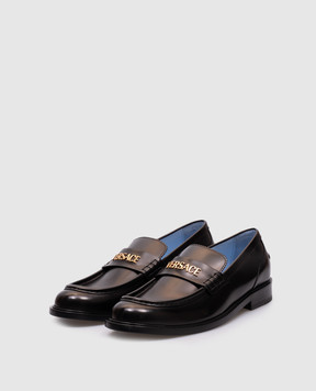 Versace Black leather glossy loafers with metal logo 10178491A11907
