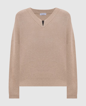 Brunello Cucinelli Maglione beige a coste con catena Monil M19255002