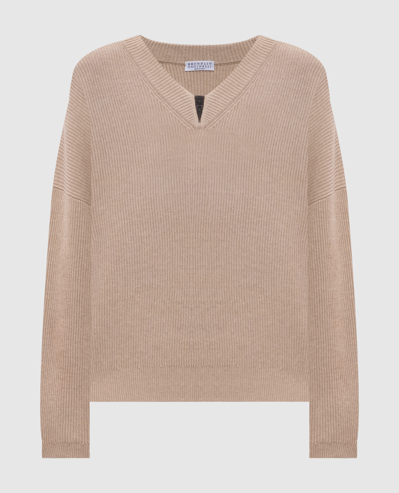 Beige ribbed pullover with monil chain Brunello Cucinelli