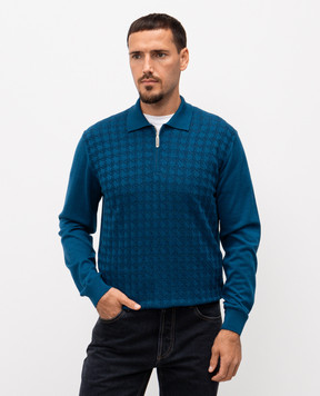 Stefano Ricci Blue wool, silk and cashmere polo shirt with a pattern K202018P30F25394
