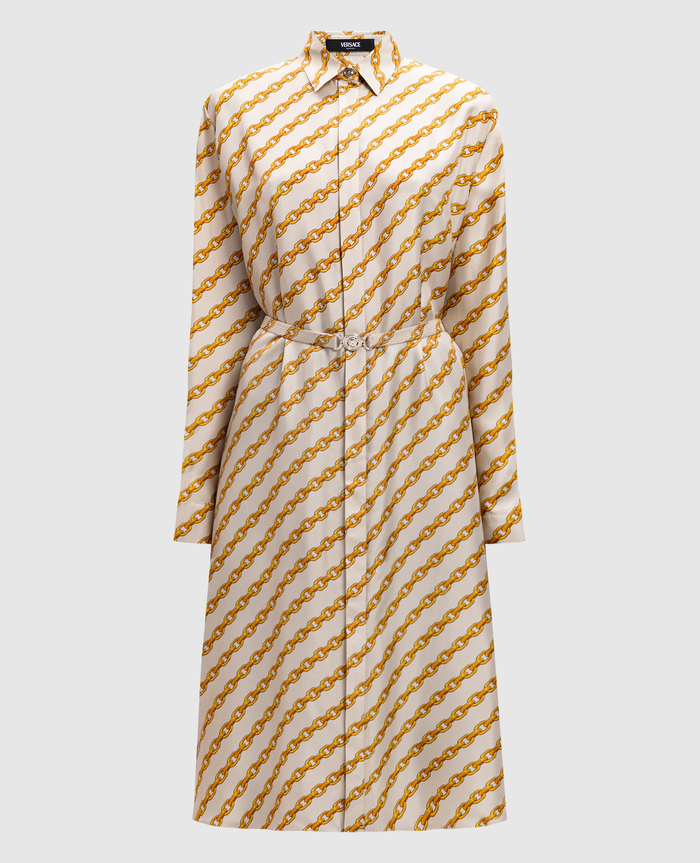 Beige Chain Stripes Silk Shirt Dress Versace