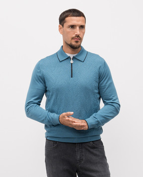 Stefano Ricci Blue cashmere and silk patterned polo shirt K606399P30F25314