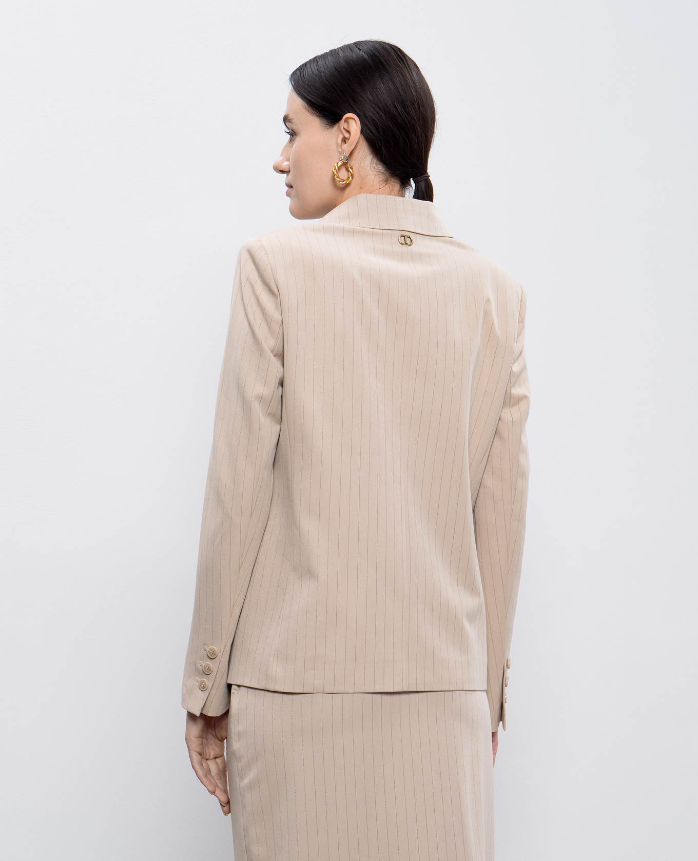 

Beige double-breasted jacket in a stripe with lurex Twinset