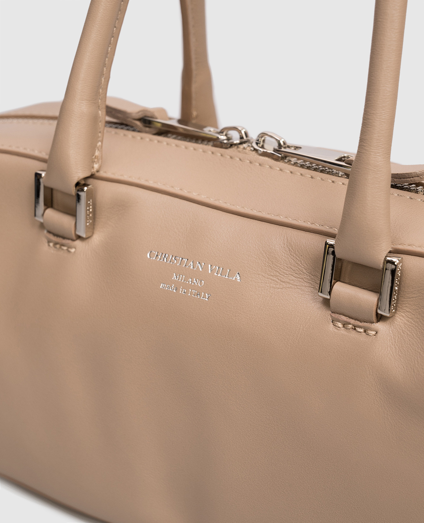Beige leather baguette bag with logo print Christian Villa 4
