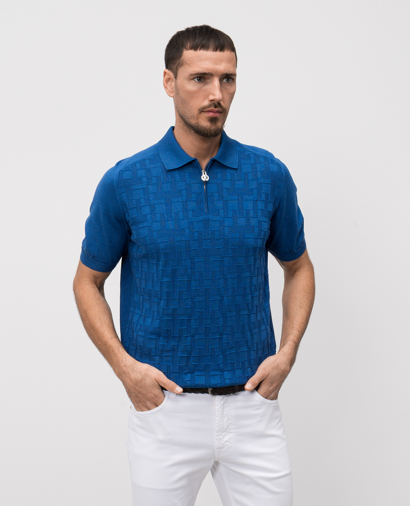 

Blue silk polo shirt with logo emblem Stefano Ricci