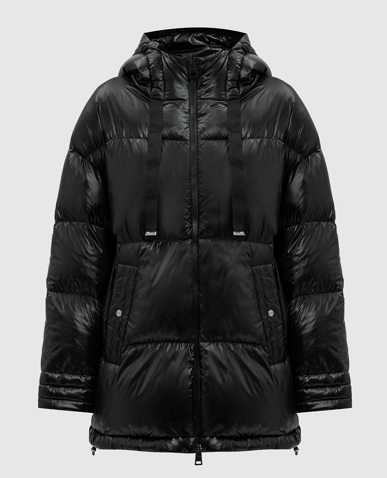 Black puffer jacket with metallic logo herno