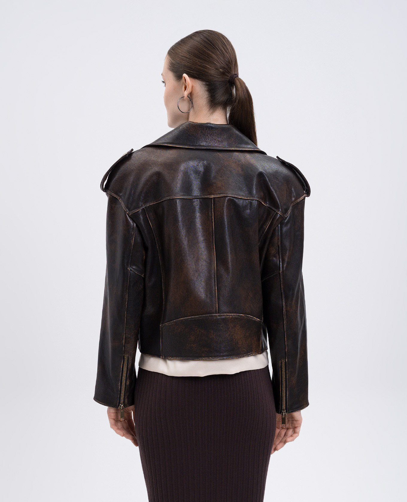 

Brown leather biker jacket with a worn effect Babe Pay Pls
