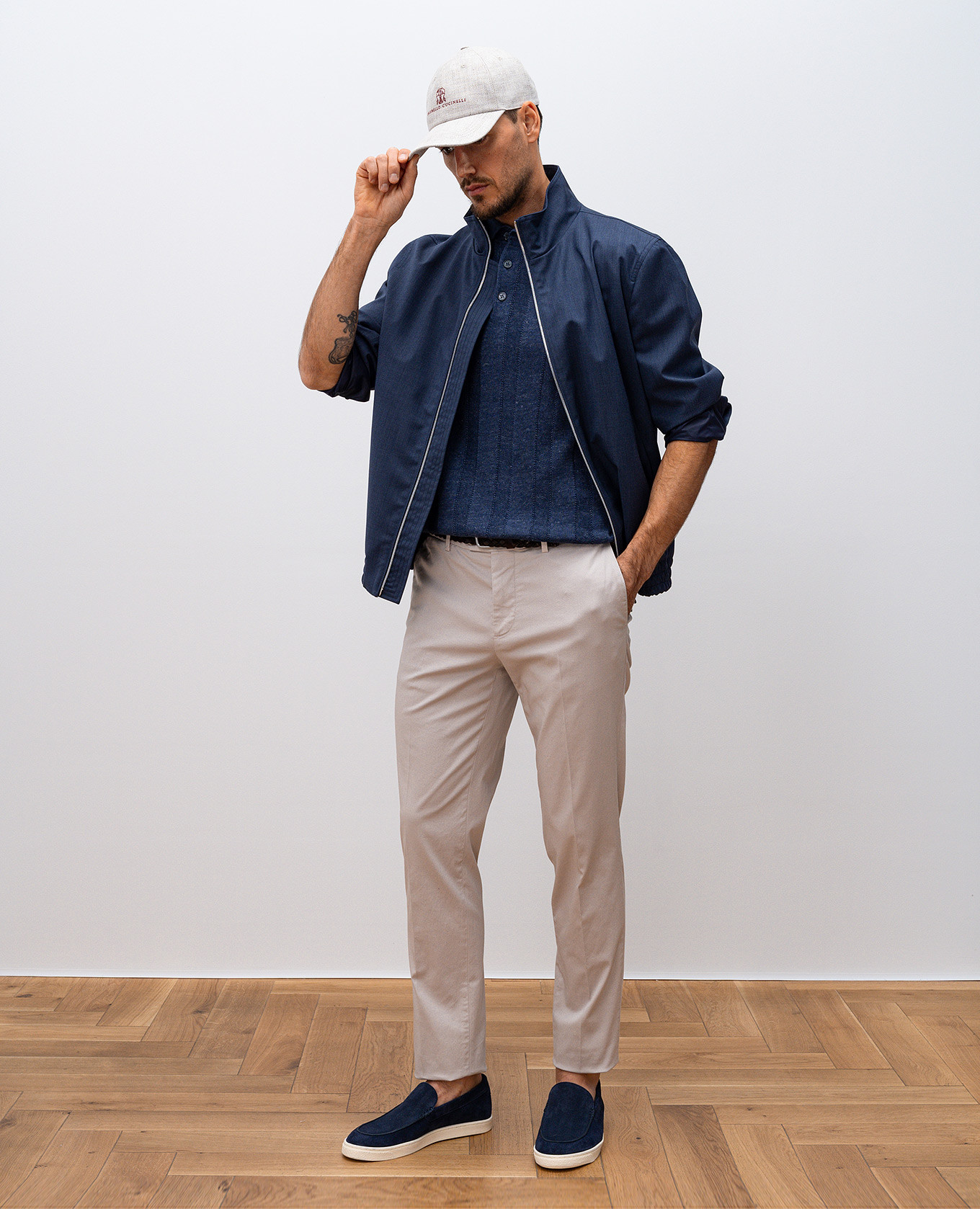 

Blue polo with linen in woven pattern Brunello Cucinelli