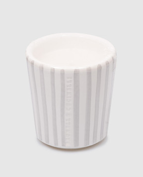 Brunello Cucinelli A white scented candle in a gray striped ceramic candle holder with a logo MLCANMD200